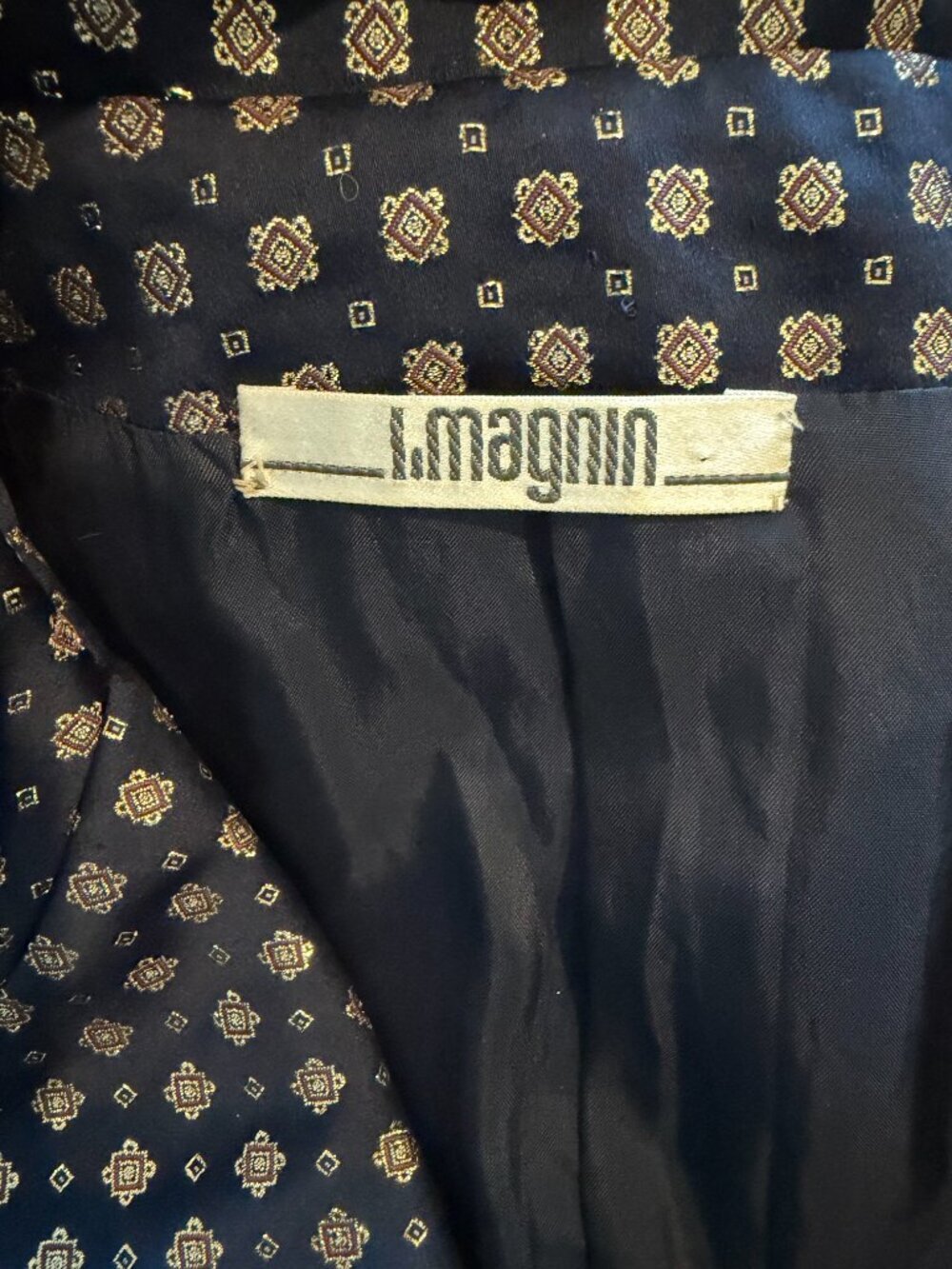 I. Magnin Vintage Navy Gold Brocade Maxi Dress Set Formal Wedding Guest M - Picture 9 of 12